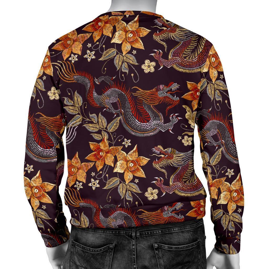 Vintage Dragon Flower Pattern Print Men's Crewneck Sweatshirt GearFrost