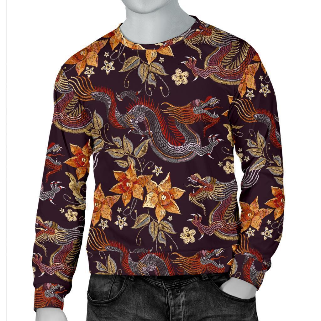 Vintage Dragon Flower Pattern Print Men's Crewneck Sweatshirt GearFrost