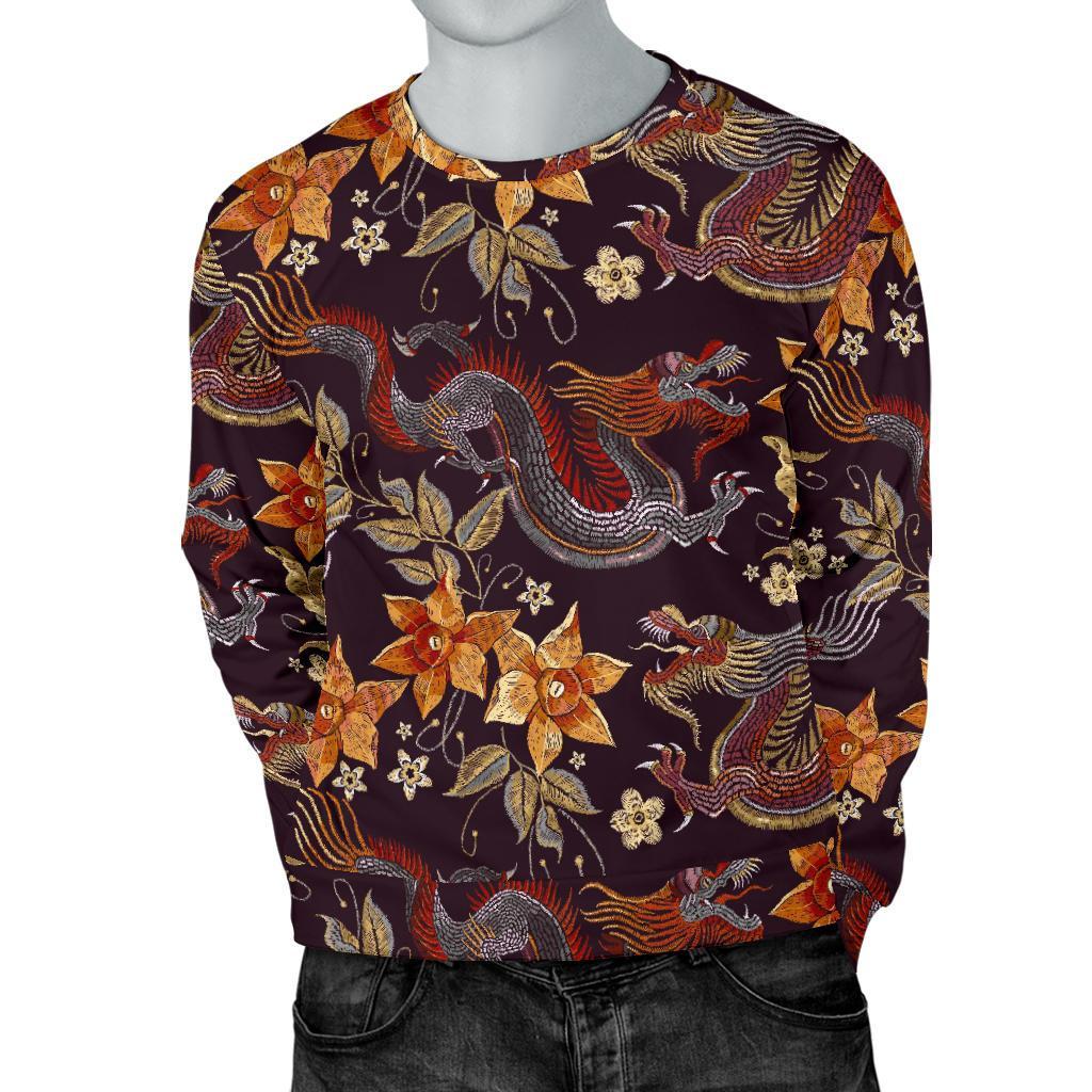 Vintage Dragon Flower Pattern Print Men's Crewneck Sweatshirt GearFrost