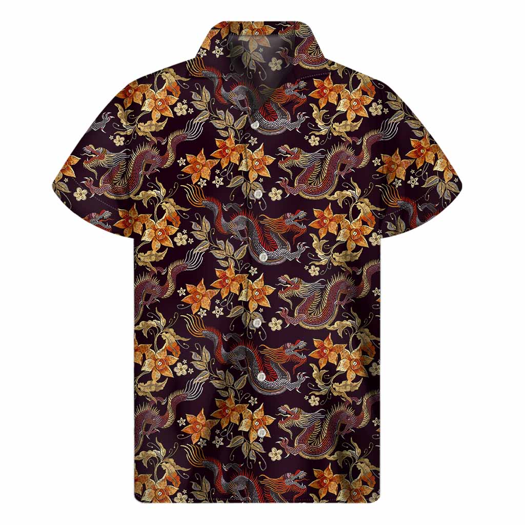 Vintage Dragon Flower Pattern Print Men's Short Sleeve Shirt