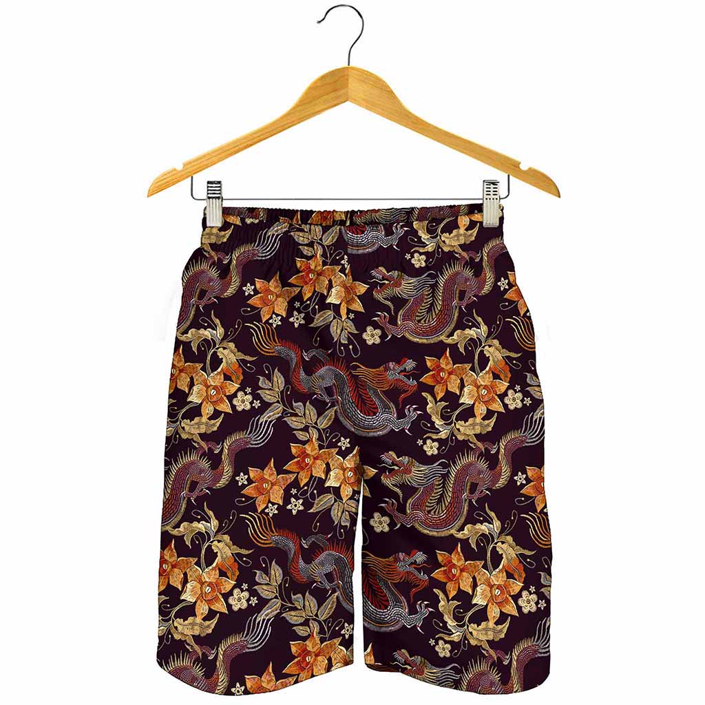 Vintage Dragon Flower Pattern Print Men's Shorts