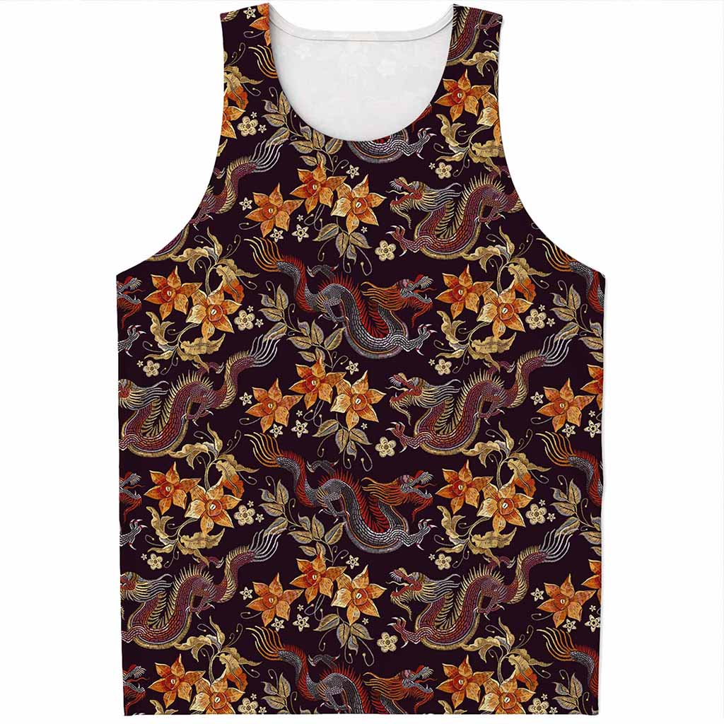 Vintage Dragon Flower Pattern Print Men's Tank Top