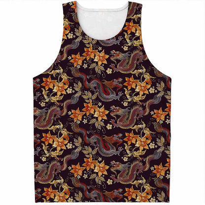 Vintage Dragon Flower Pattern Print Men's Tank Top