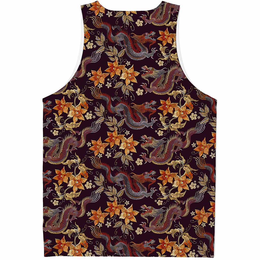 Vintage Dragon Flower Pattern Print Men's Tank Top