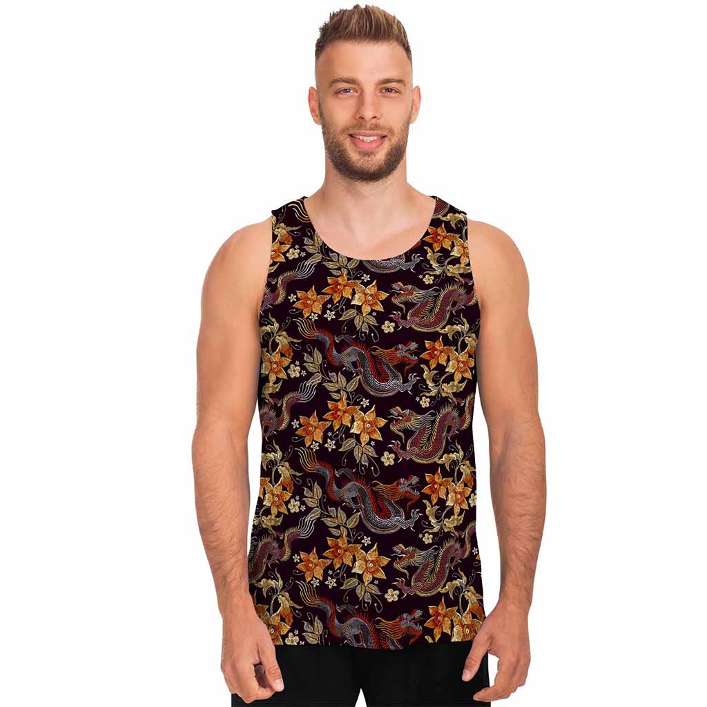 Vintage Dragon Flower Pattern Print Men's Tank Top