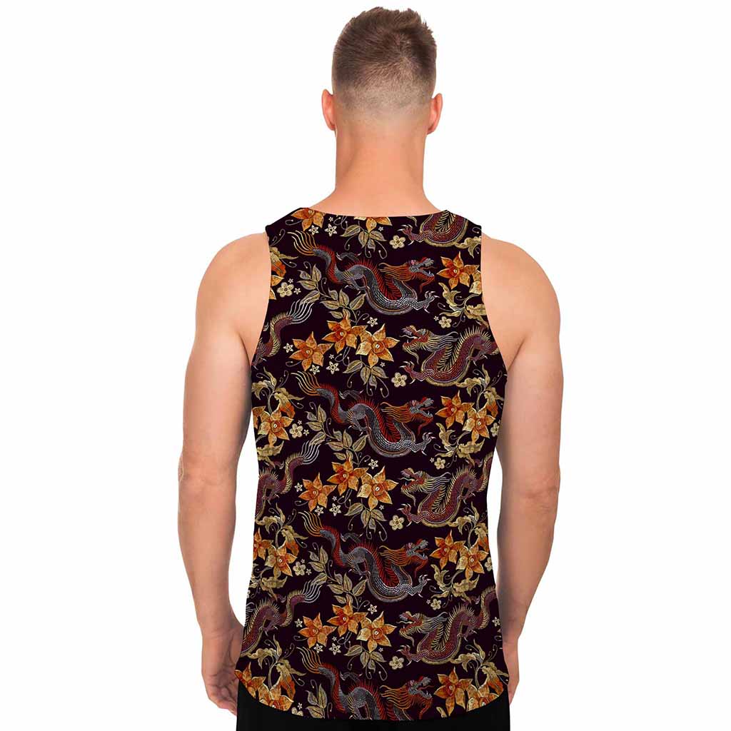 Vintage Dragon Flower Pattern Print Men's Tank Top