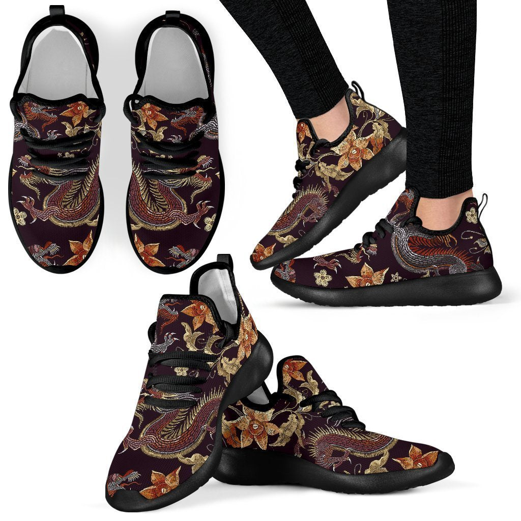 Vintage Dragon Flower Pattern Print Mesh Knit Shoes GearFrost