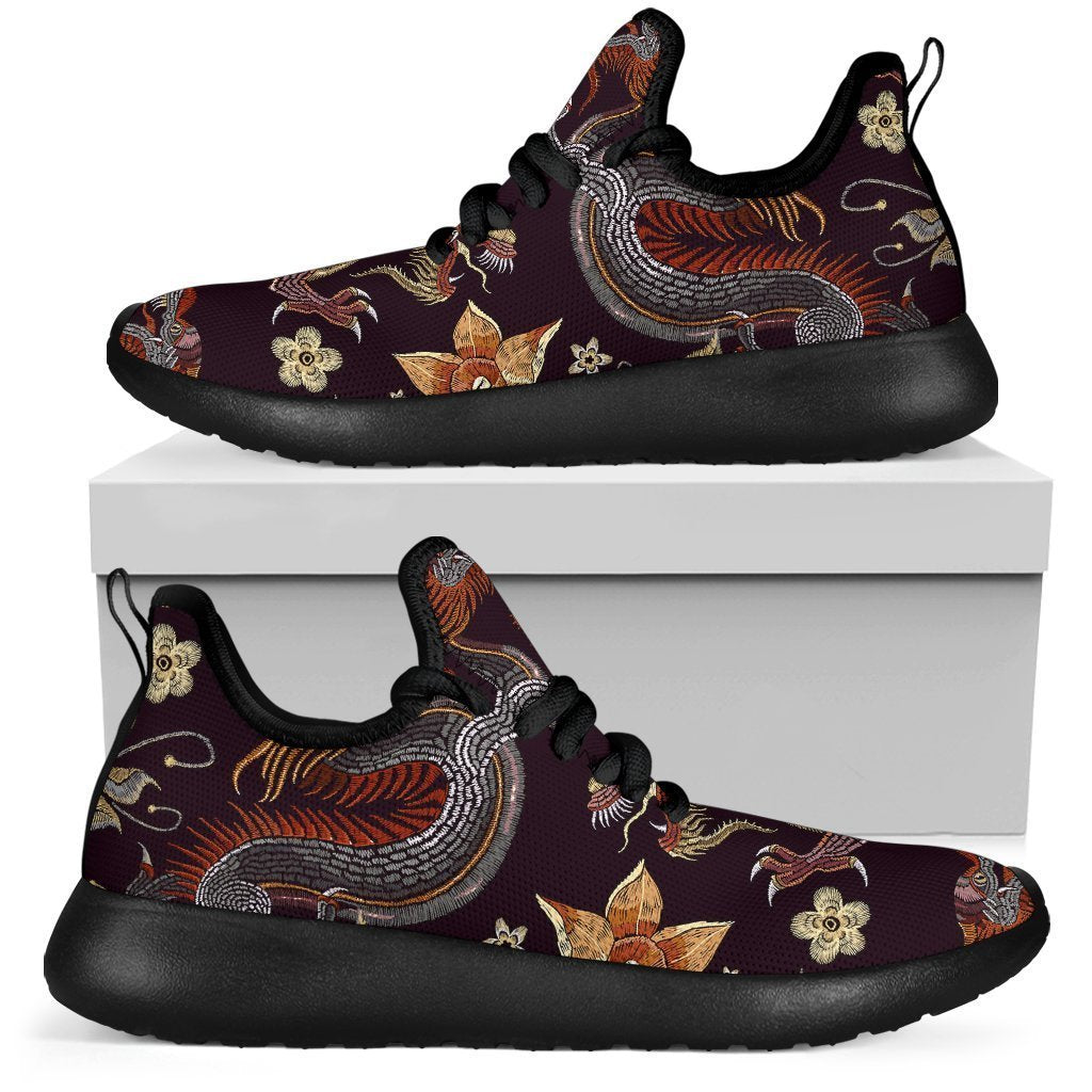 Vintage Dragon Flower Pattern Print Mesh Knit Shoes GearFrost
