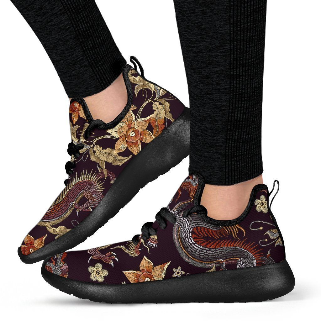 Vintage Dragon Flower Pattern Print Mesh Knit Shoes GearFrost