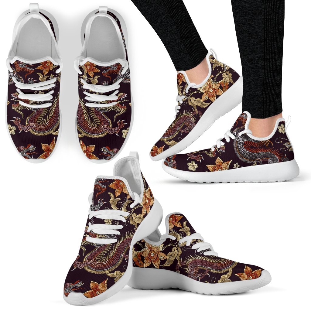 Vintage Dragon Flower Pattern Print Mesh Knit Shoes GearFrost
