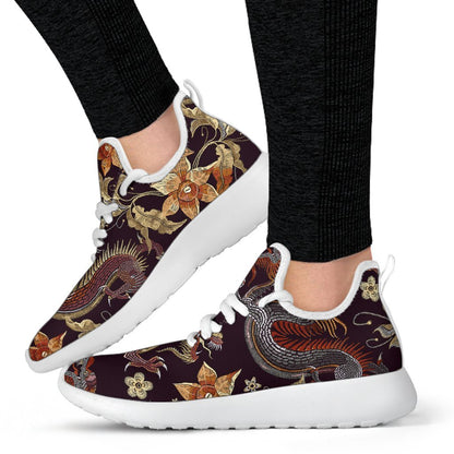 Vintage Dragon Flower Pattern Print Mesh Knit Shoes GearFrost