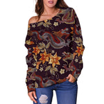 Vintage Dragon Flower Pattern Print Off Shoulder Sweatshirt GearFrost