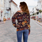 Vintage Dragon Flower Pattern Print Off Shoulder Sweatshirt GearFrost