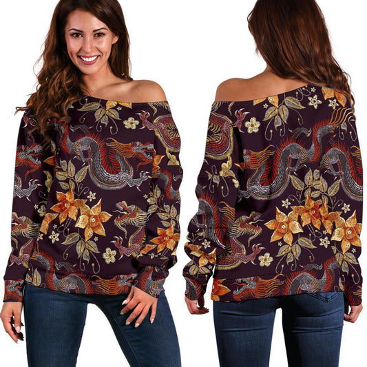 Vintage Dragon Flower Pattern Print Off Shoulder Sweatshirt GearFrost