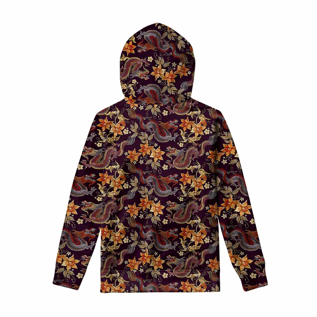 Vintage Dragon Flower Pattern Print Pullover Hoodie