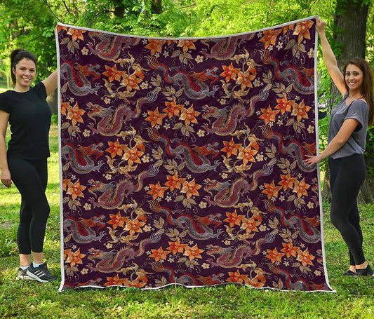 Vintage Dragon Flower Pattern Print Quilt