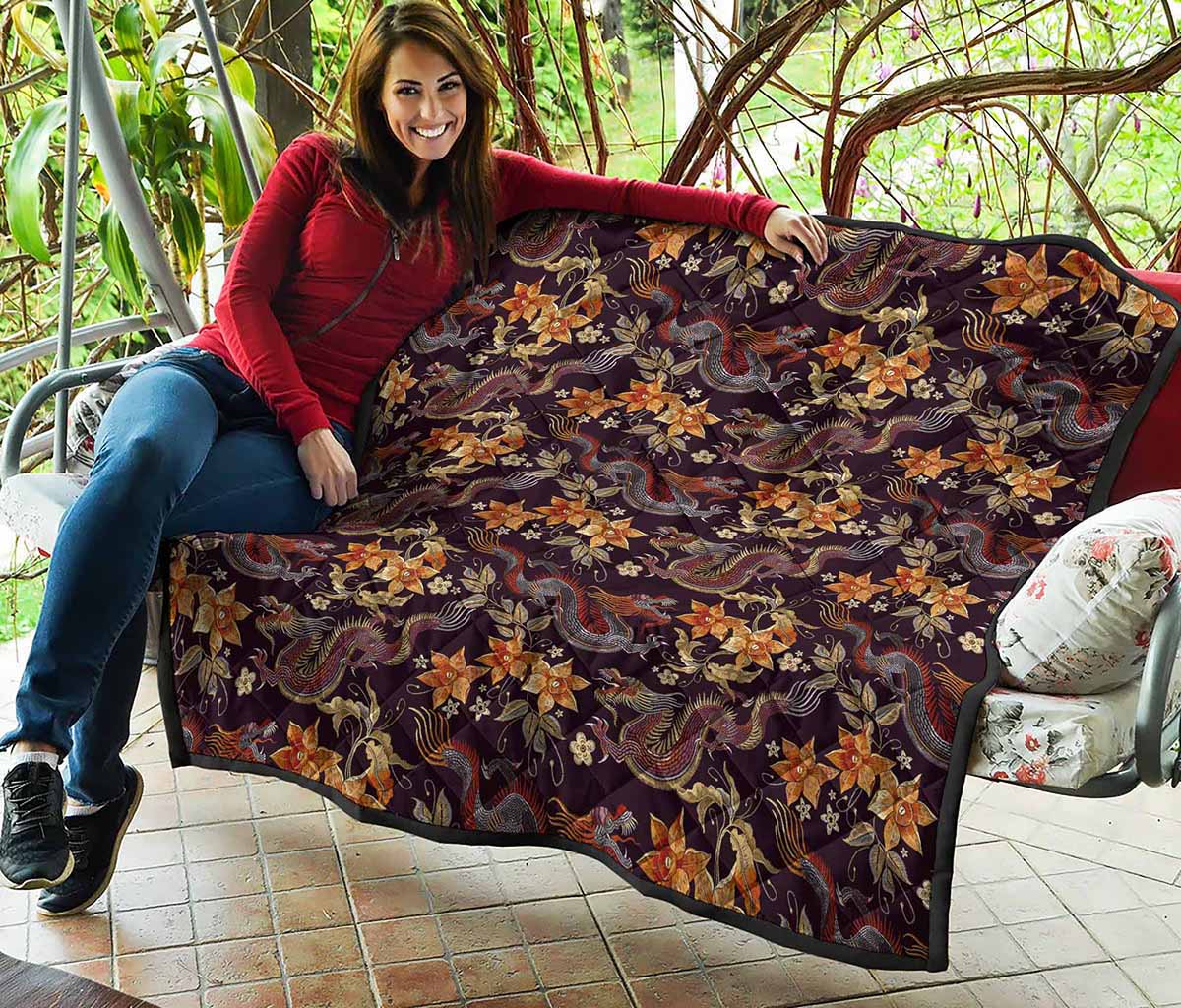 Vintage Dragon Flower Pattern Print Quilt