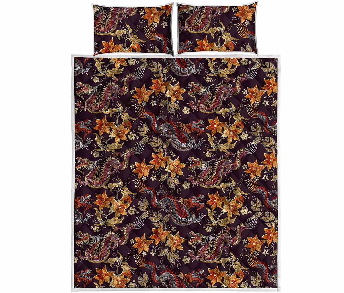 Vintage Dragon Flower Pattern Print Quilt Bed Set