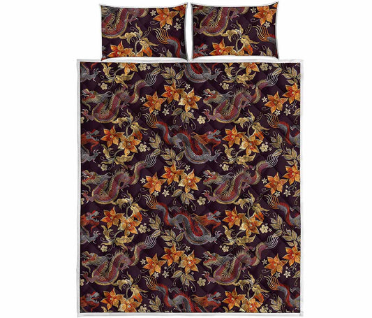 Vintage Dragon Flower Pattern Print Quilt Bed Set