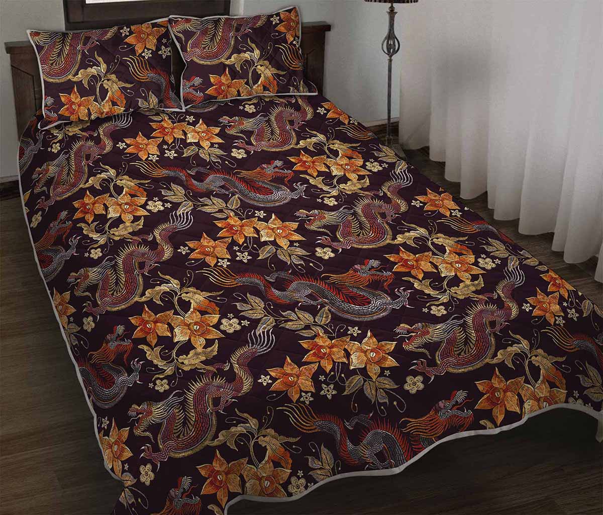Vintage Dragon Flower Pattern Print Quilt Bed Set