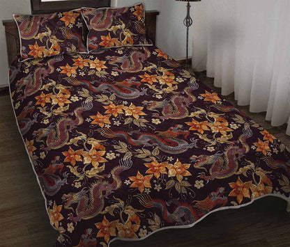 Vintage Dragon Flower Pattern Print Quilt Bed Set