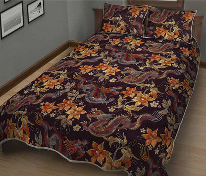 Vintage Dragon Flower Pattern Print Quilt Bed Set