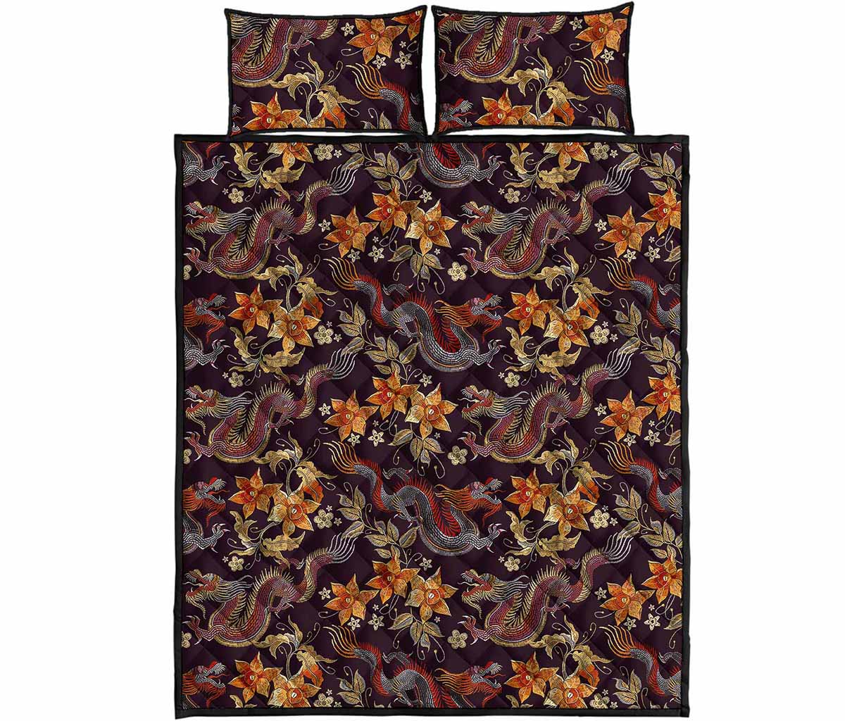 Vintage Dragon Flower Pattern Print Quilt Bed Set
