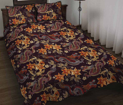 Vintage Dragon Flower Pattern Print Quilt Bed Set
