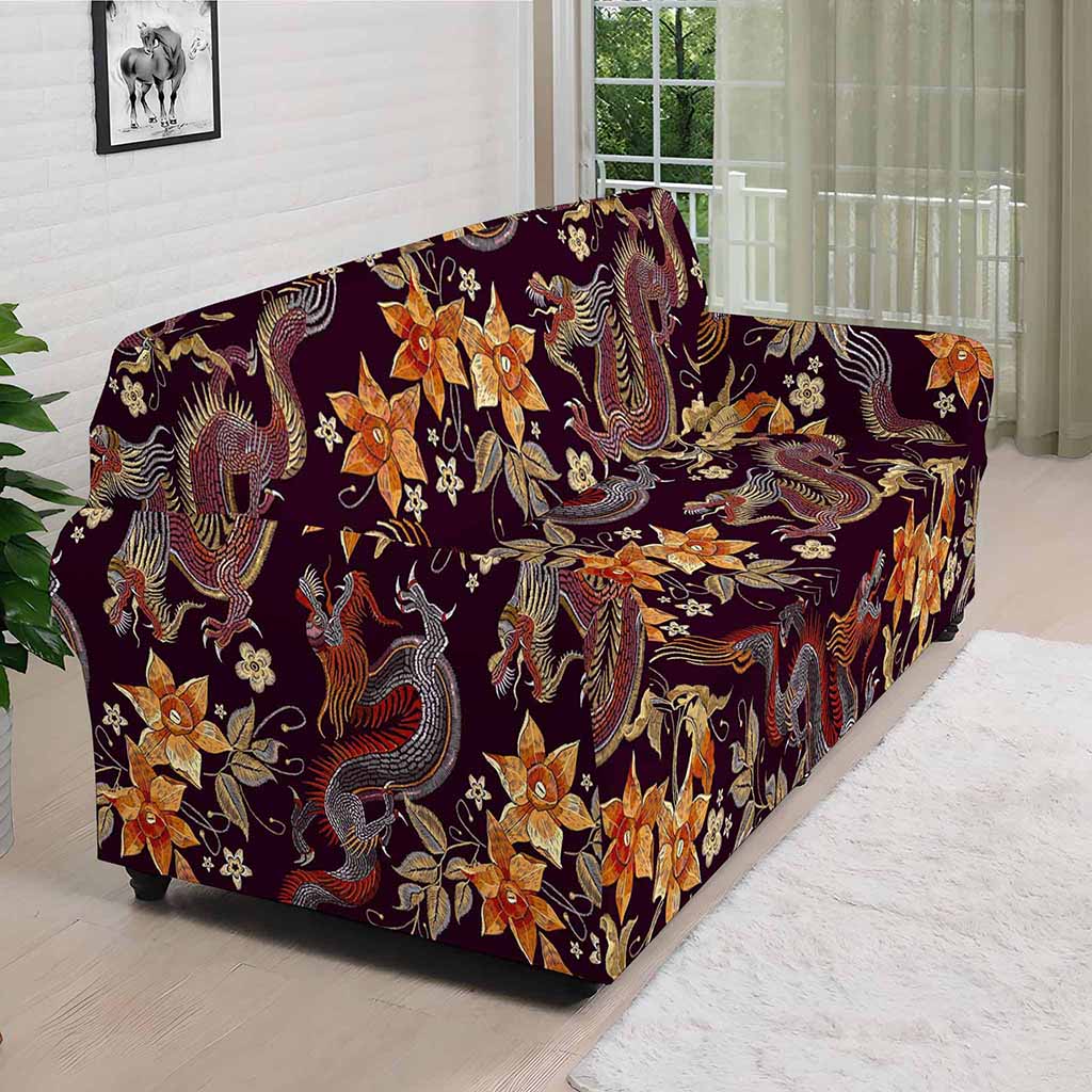 Vintage Dragon Flower Pattern Print Sofa Cover