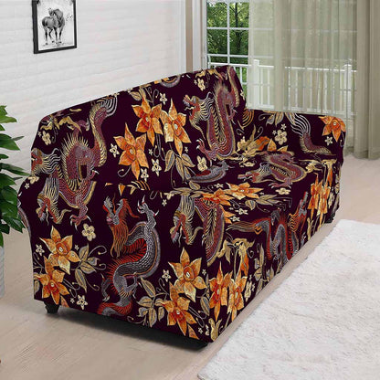 Vintage Dragon Flower Pattern Print Sofa Cover