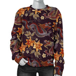 Vintage Dragon Flower Pattern Print Women's Crewneck Sweatshirt GearFrost