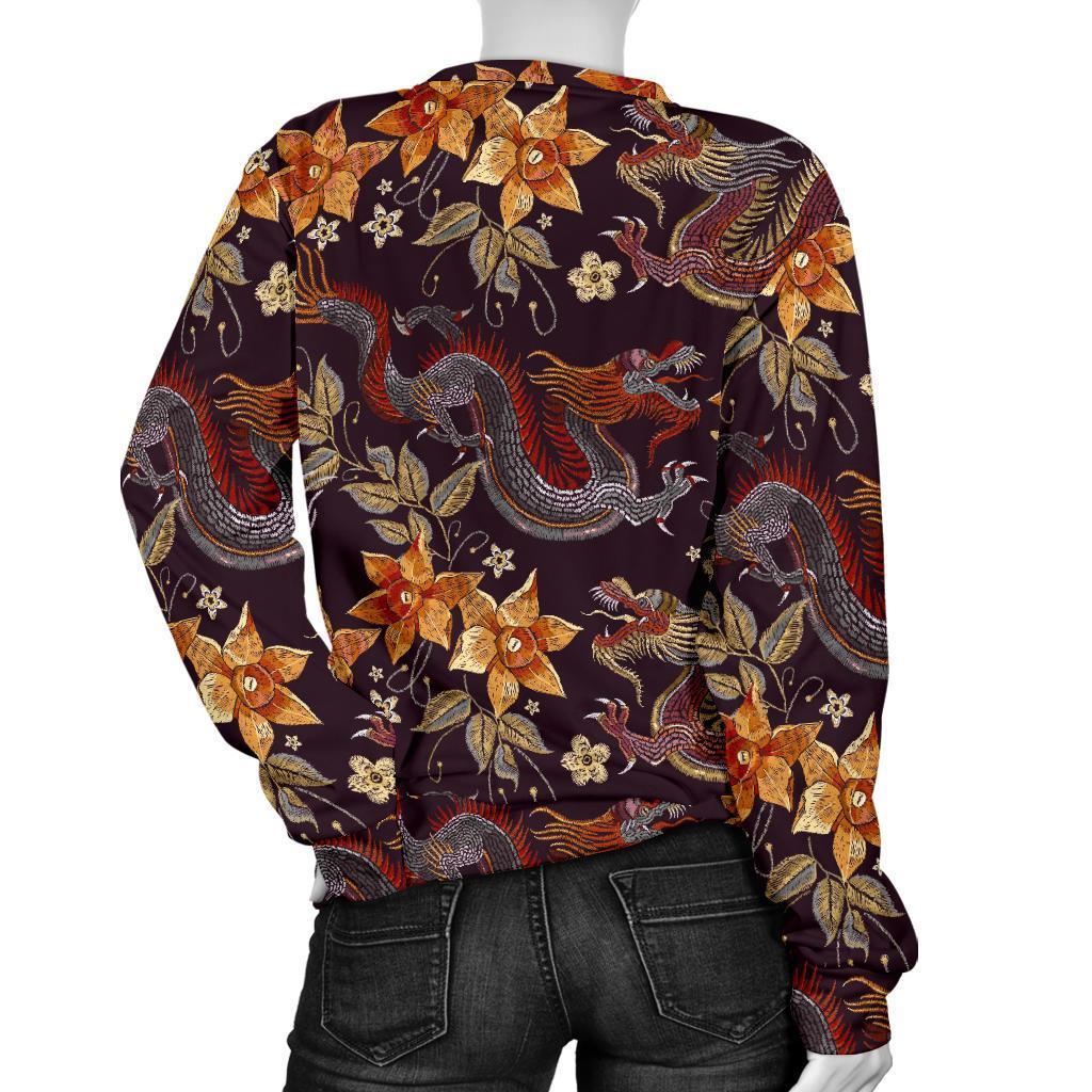 Vintage Dragon Flower Pattern Print Women's Crewneck Sweatshirt GearFrost