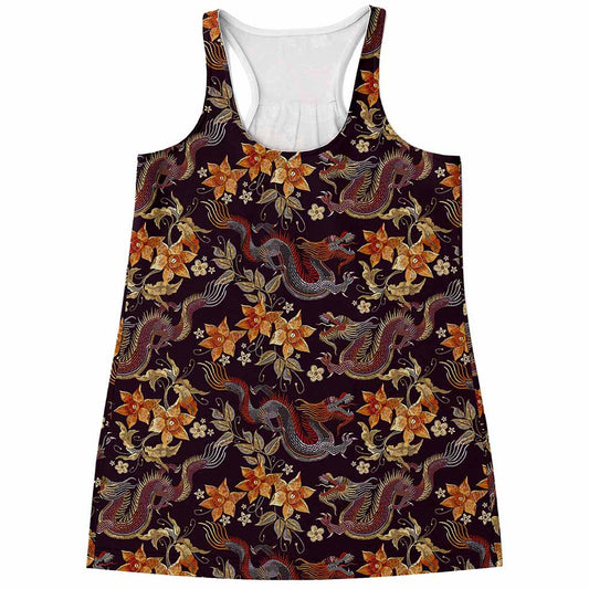 Vintage Dragon Flower Pattern Print Women's Racerback Tank Top