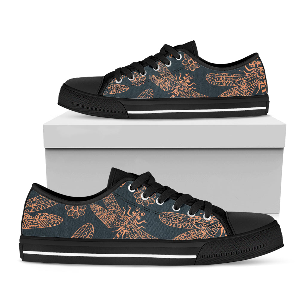 Vintage Dragonfly Pattern Print Black Low Top Shoes