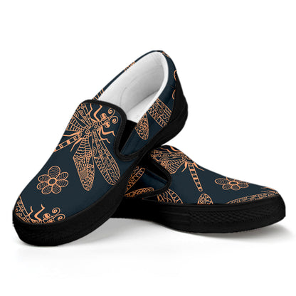 Vintage Dragonfly Pattern Print Black Slip On Shoes