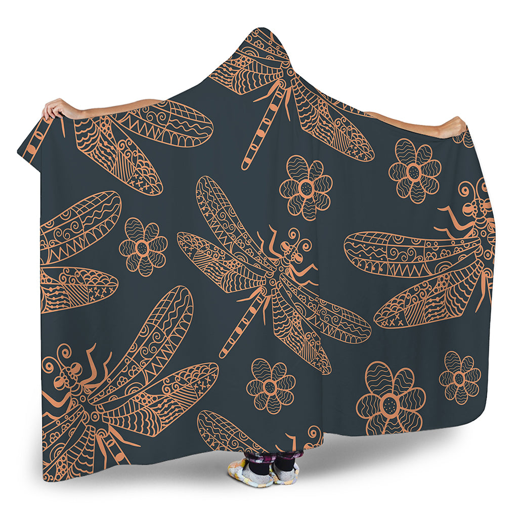 Vintage Dragonfly Pattern Print Hooded Blanket