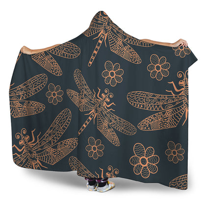 Vintage Dragonfly Pattern Print Hooded Blanket