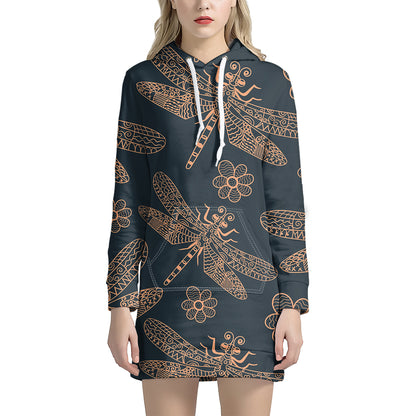 Vintage Dragonfly Pattern Print Hoodie Dress
