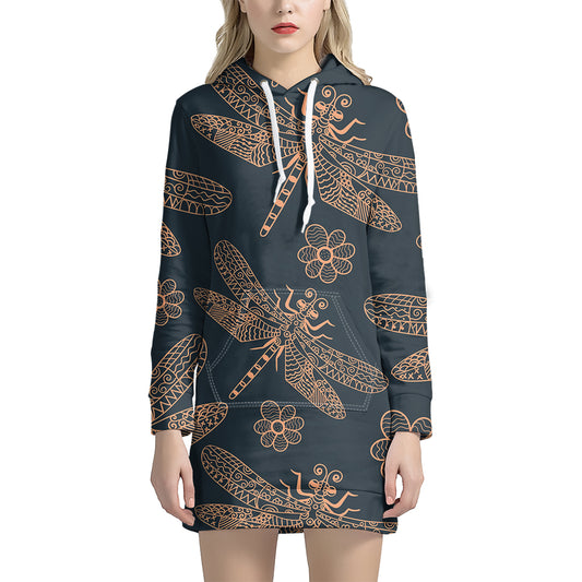 Vintage Dragonfly Pattern Print Hoodie Dress
