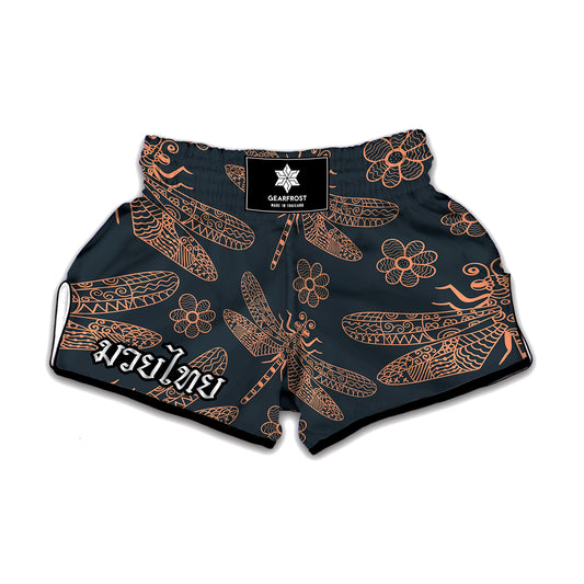 Vintage Dragonfly Pattern Print Muay Thai Boxing Shorts
