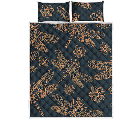 Vintage Dragonfly Pattern Print Quilt Bed Set