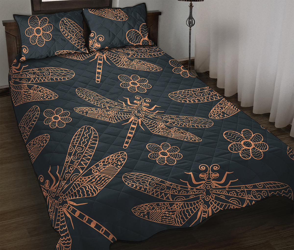 Vintage Dragonfly Pattern Print Quilt Bed Set