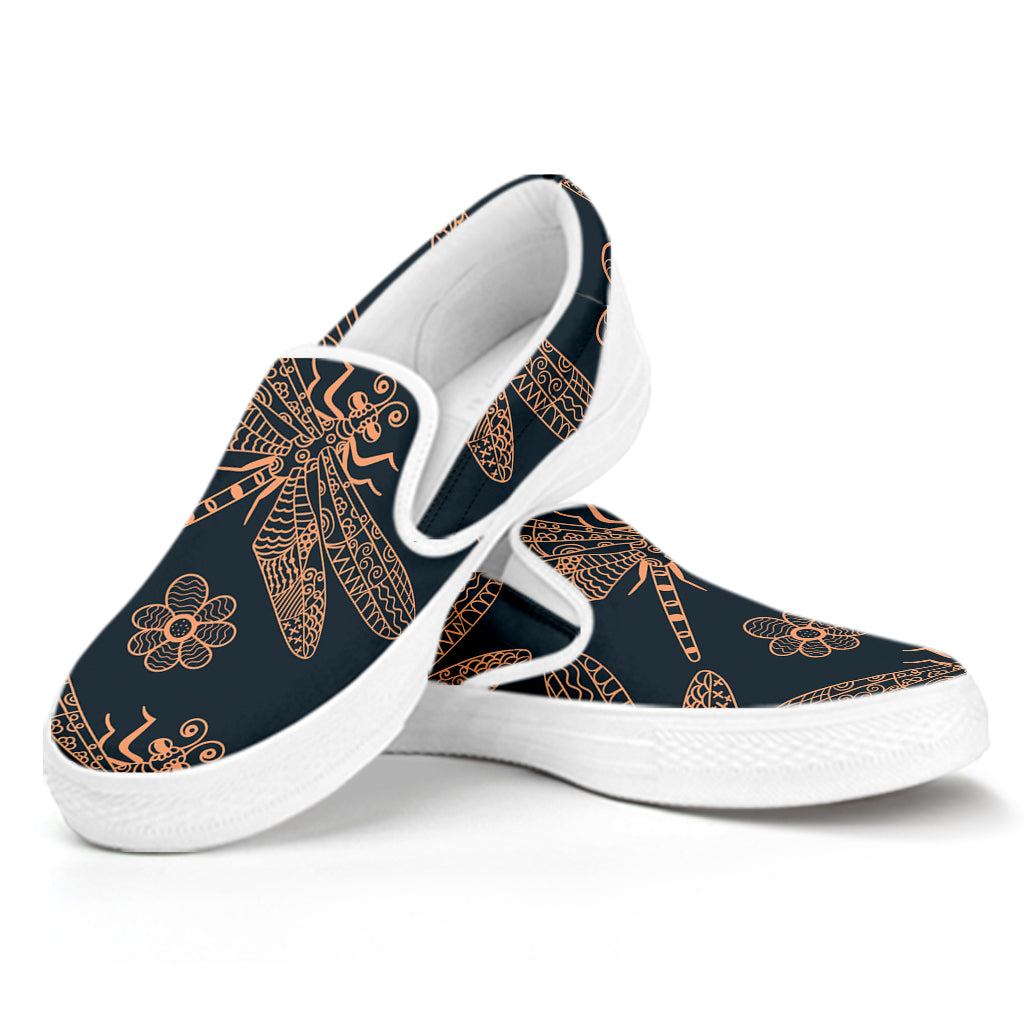 Vintage Dragonfly Pattern Print White Slip On Shoes