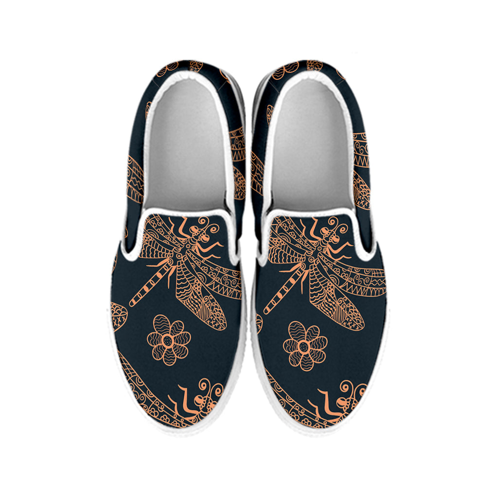 Vintage Dragonfly Pattern Print White Slip On Shoes