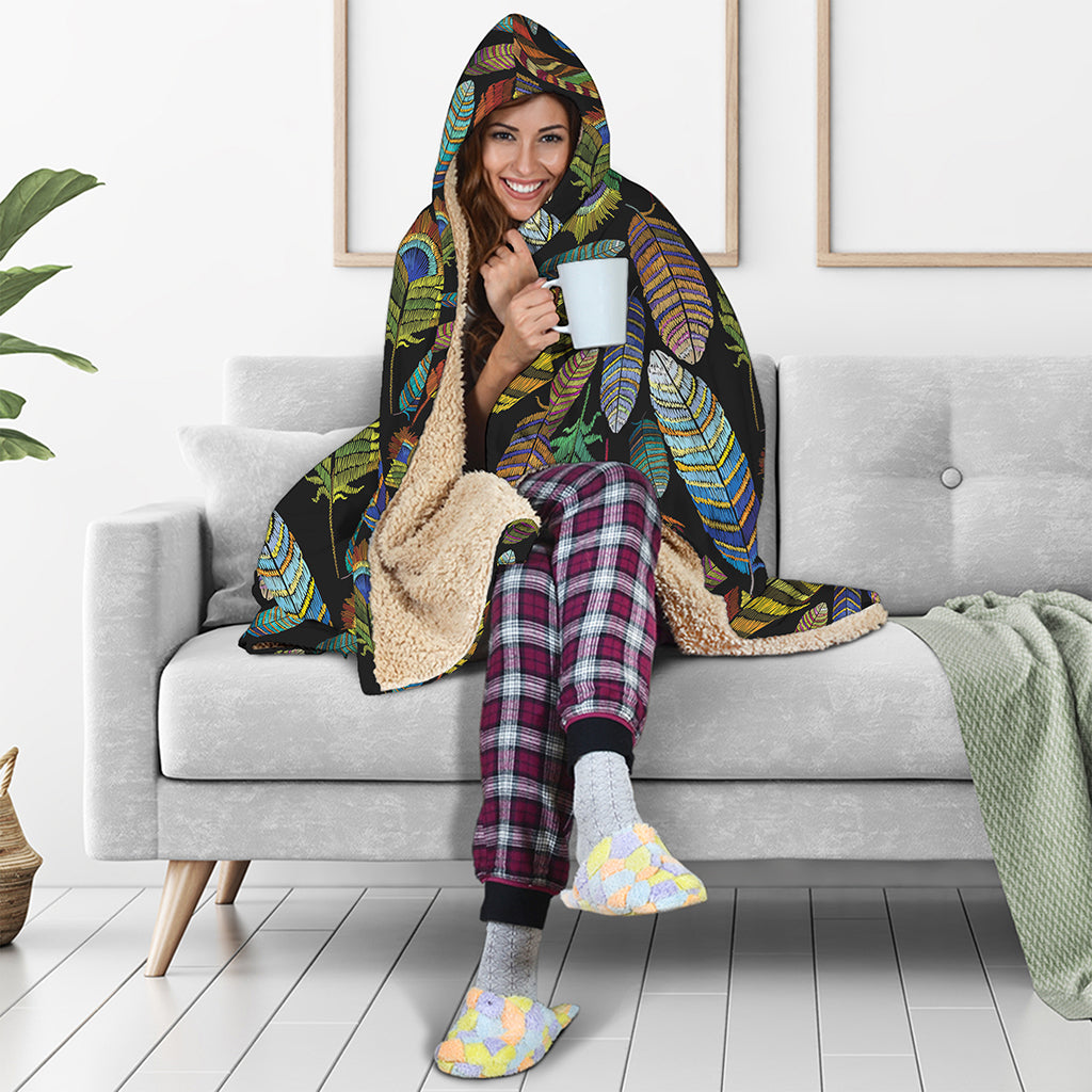 Vintage Feather Pattern Print Hooded Blanket