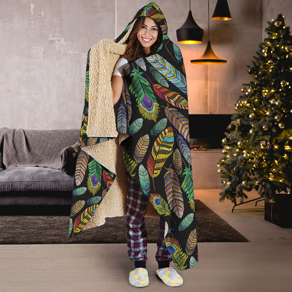 Vintage Feather Pattern Print Hooded Blanket
