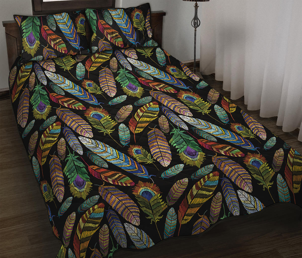Vintage Feather Pattern Print Quilt Bed Set