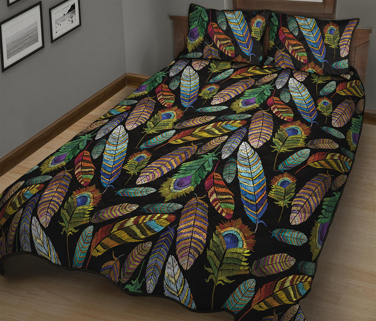 Vintage Feather Pattern Print Quilt Bed Set