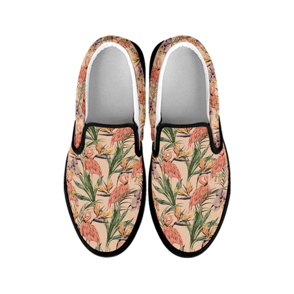 Vintage Flamingo Pattern Print Black Slip On Shoes