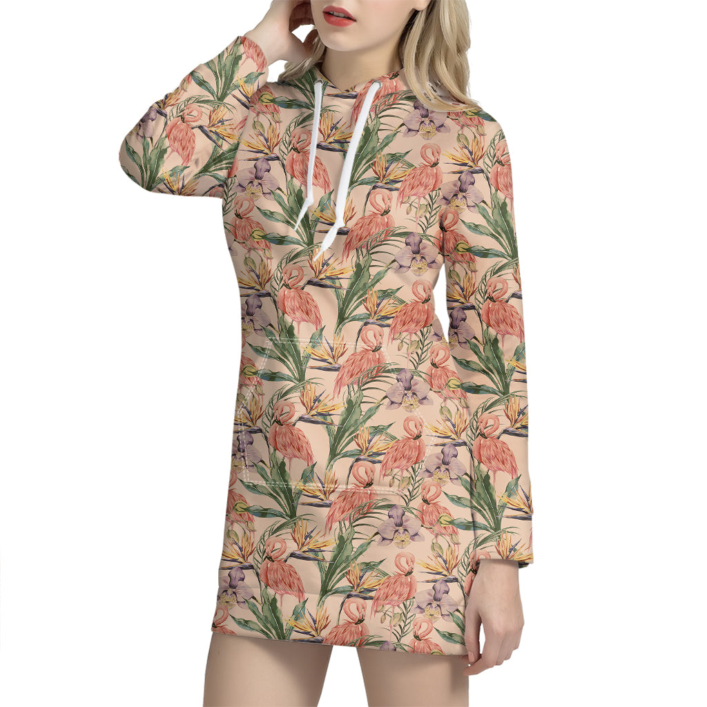 Vintage Flamingo Pattern Print Hoodie Dress